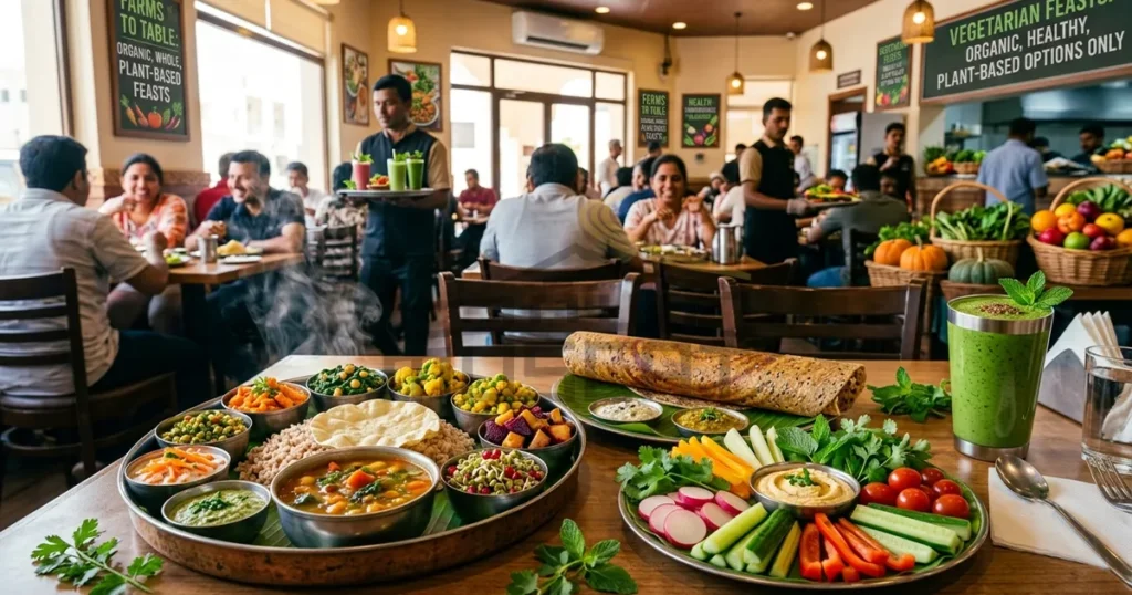Traditional South Indian vegetarian thali and dosa served at a pure vegetarian restaurant in Muscat, Oman