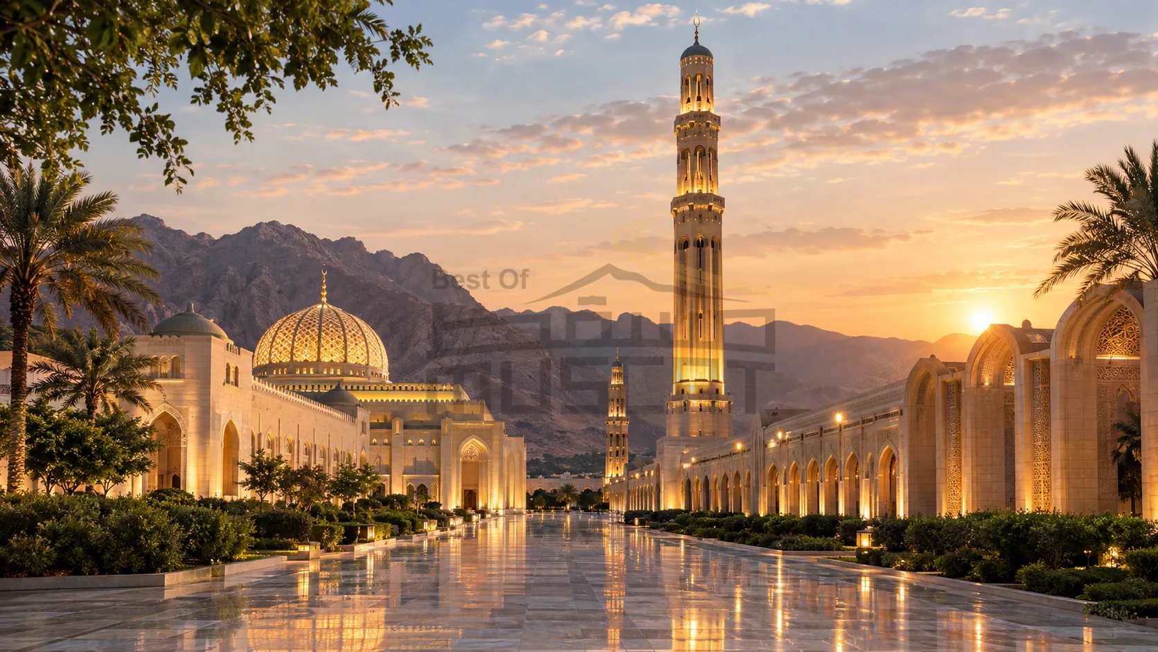 Oman luxury experience Muscat mosque sunset